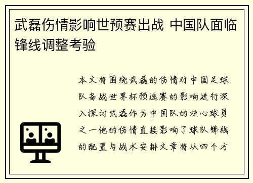 武磊伤情影响世预赛出战 中国队面临锋线调整考验