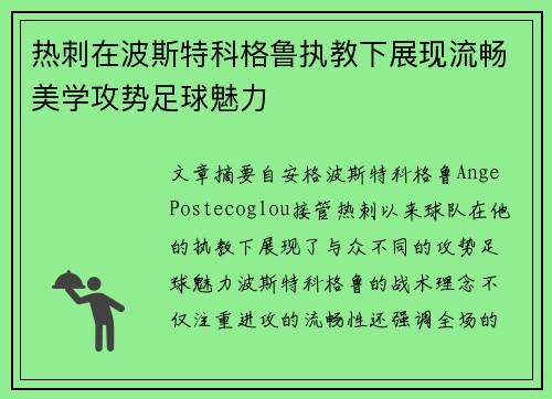 热刺在波斯特科格鲁执教下展现流畅美学攻势足球魅力 热刺在波斯特科格鲁执教下展现流畅美学攻势足球魅力